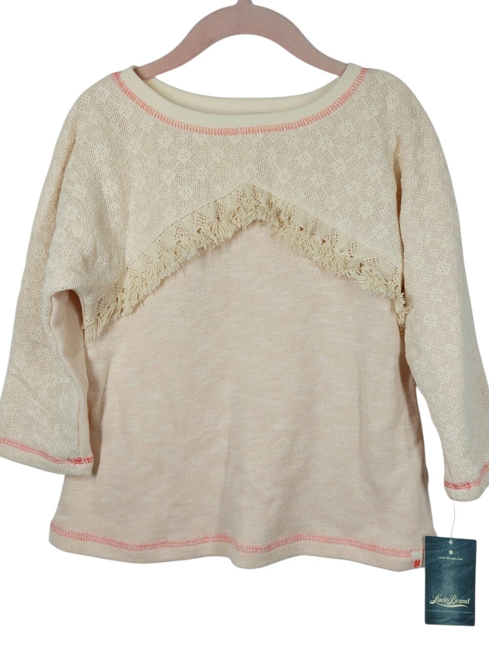 Lucky Brand Girls French Terry Top Size Small Beige Fringe Trim Long Sleeves NEW